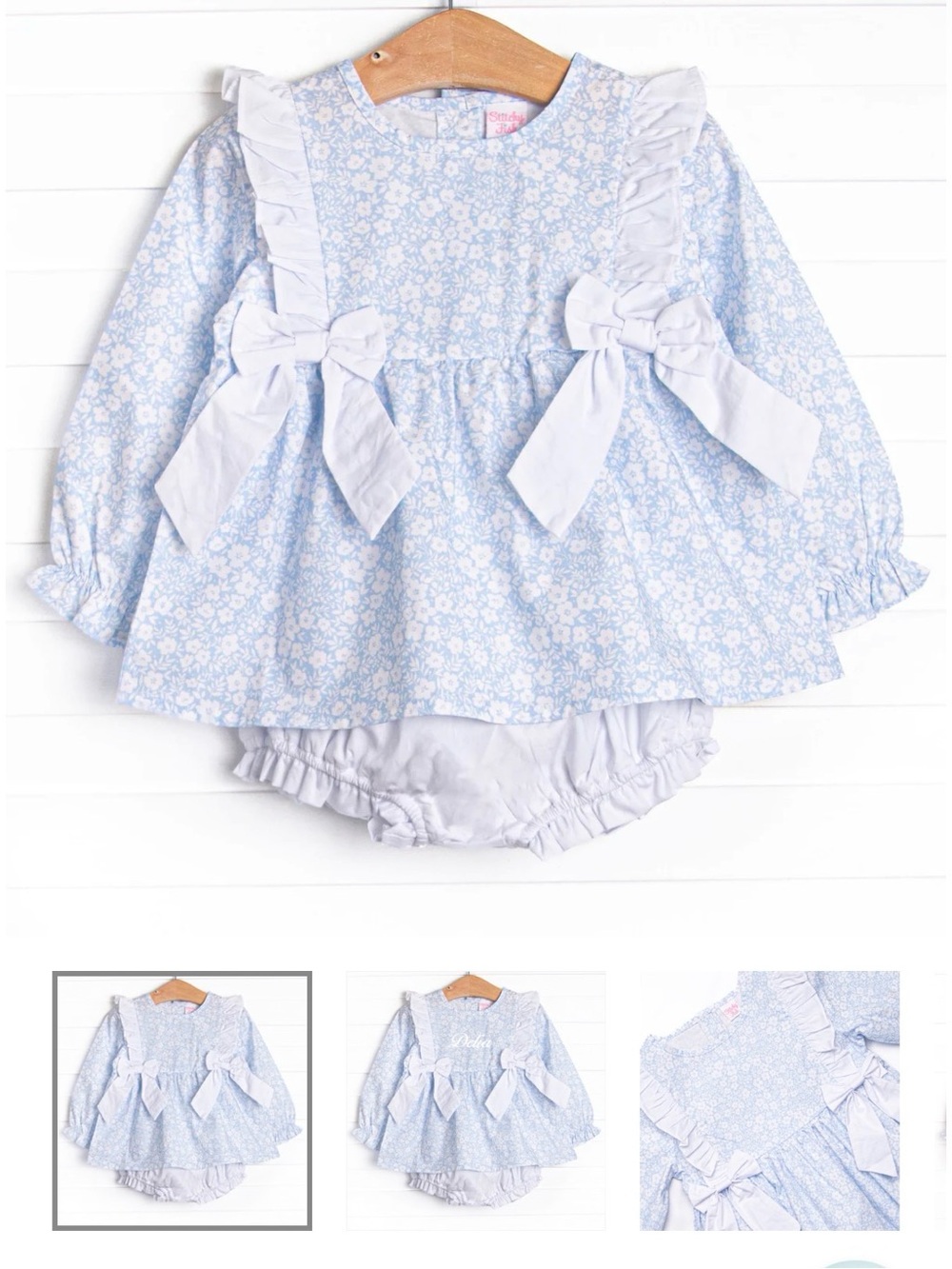 Stitchy Fish Light Blue Floral Ruffle Bow Dress Set - 6m
